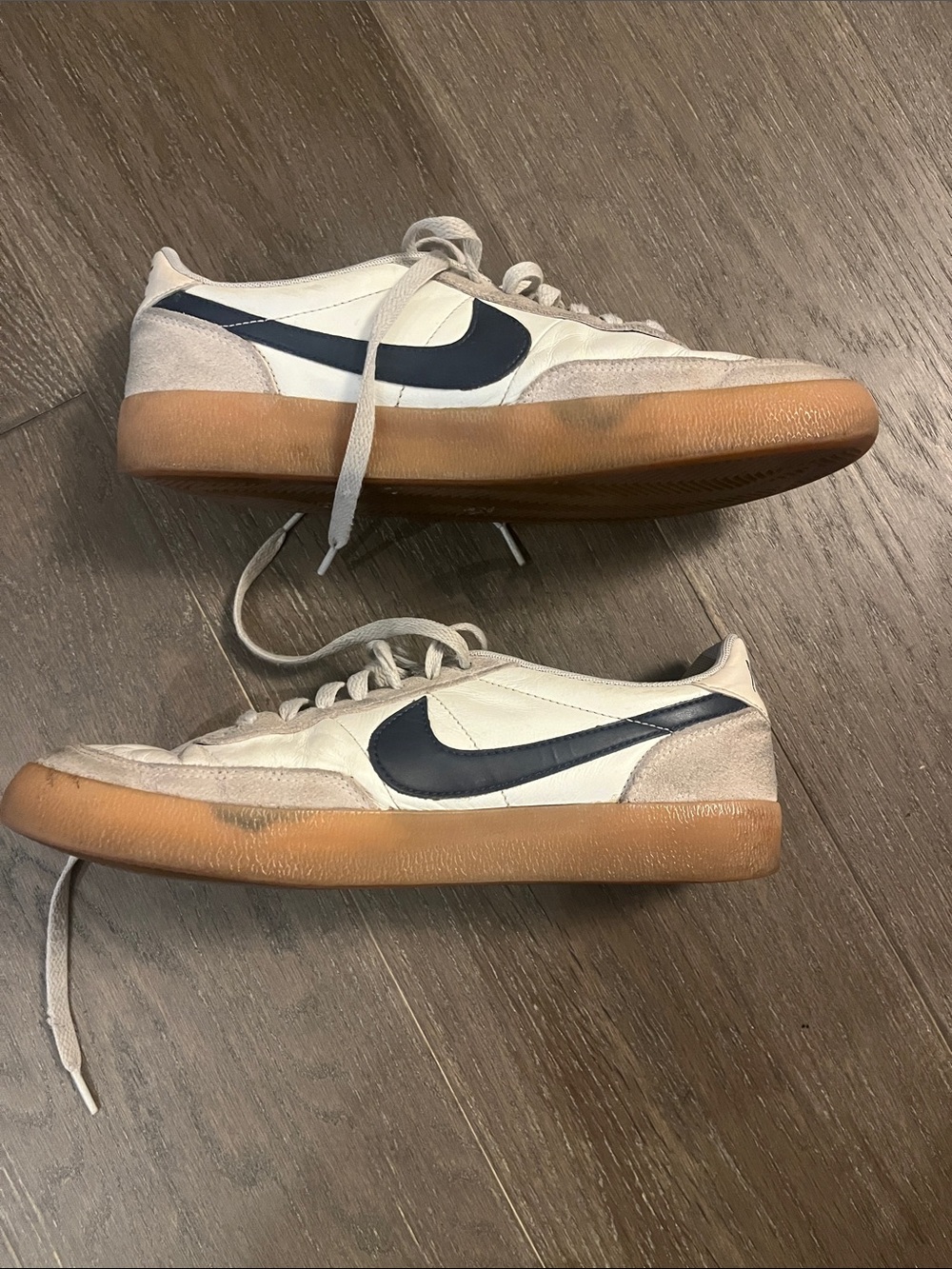Nike Killshot white with blue swoosh, gum sole